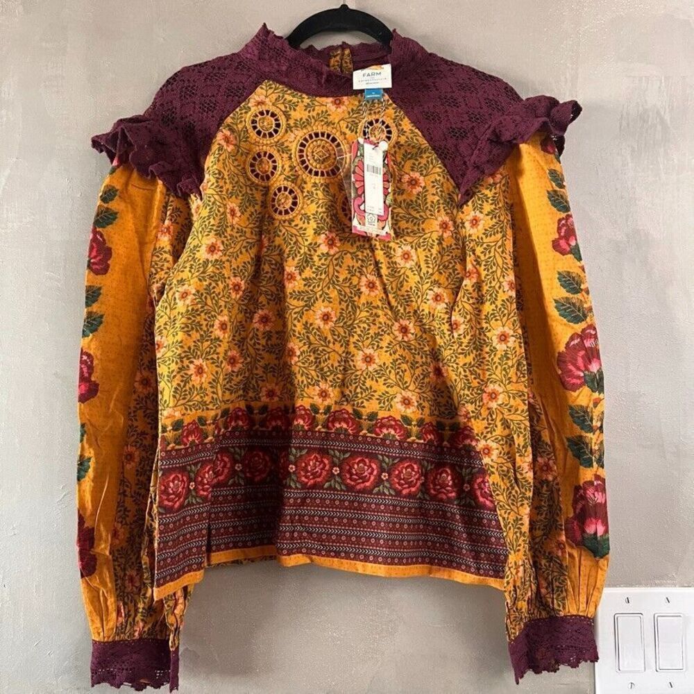 Anthropologie Farm Rio Ruffled Blouse Floral Printed Top Embroidered Lace M NWT - Picture 5 of 7